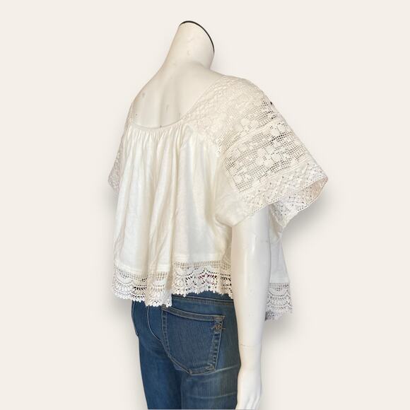 White Cotton and Lace Boho Blouse w/ Black Embroidery, Flowy relaxed fit NWT - Picture 4 of 6